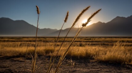 Obraz premium Golden grass stalks in a vast, sun-drenched landscape.