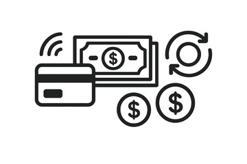 Credit card contactless payment and cash money icon set. Finance, banking, and transaction symbols. Currency exchange, dollar banknote, and coins. NFC technology vector.