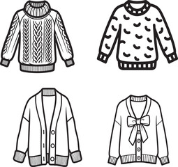 set of Cute Bow Sweater Vector – Cozy sweaters with bow accents, button-up and open front styles, long neck designs, winter fashion outfit illustrations, trendy cold weather clothing for seasonal