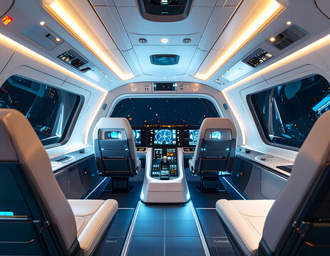 Futuristic spaceship cockpit interior with control panel and modern design - Powered by Adobe