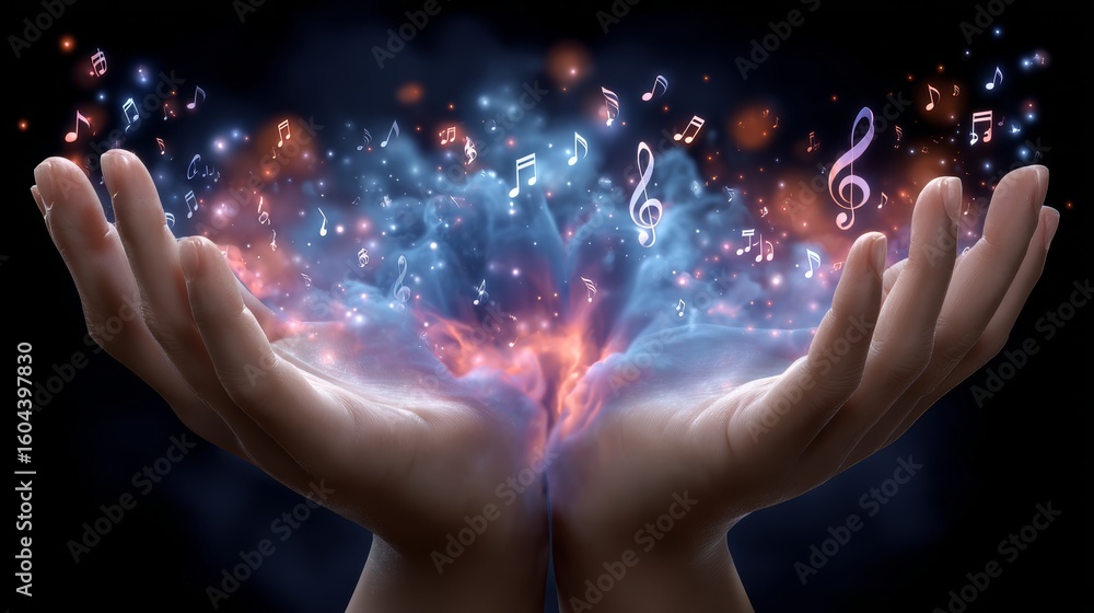 Poster hand holding a hand with a lot of music notes. the hand is open and the music notes are floating aro