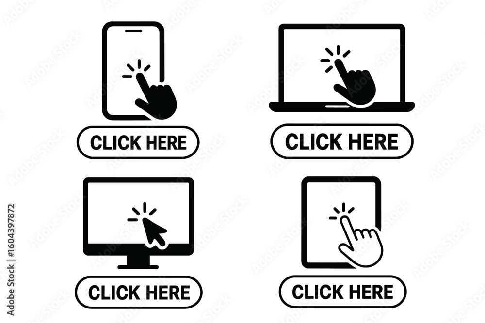 Poster Click here button icon set. Hand pointer and mouse arrow cursor symbol collection. Vector action buttons for website, app, buy or download on computer, laptop, tablet devices.
