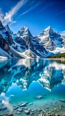 Snow capped mountains reflect in the clear waters of moraine lake