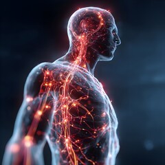 Human body with glowing red pain points on neural pathways illustrating pain or nerve stimulation, set against a dark blue 
