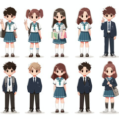 image of students wearing school uniforms with a simple and minimalist flat design using a white background