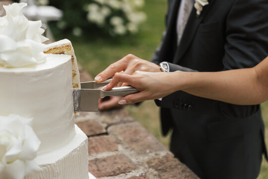 bride and groom cutting wedding cake