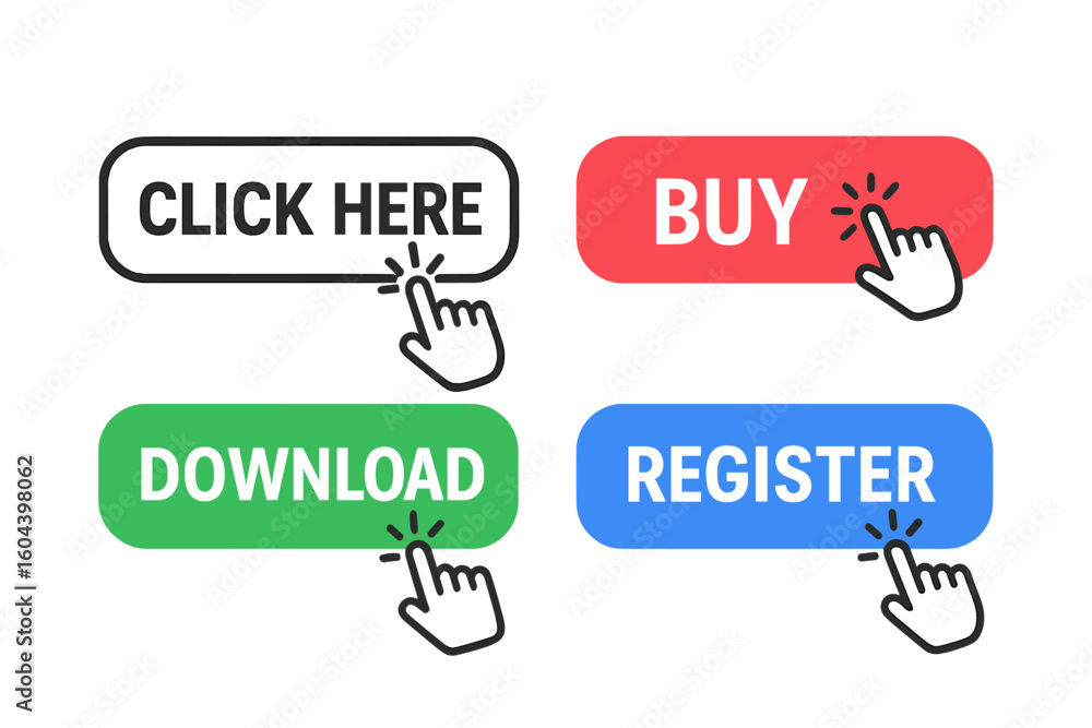 Poster Click here button set with hand cursor pointer. Action buttons for website UI like buy, download, register. Web element vector. Call to action concept. UI UX icon collection.