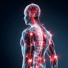Human body with glowing red pain points on neural pathways illustrating pain or nerve stimulation, set against a dark blue 
