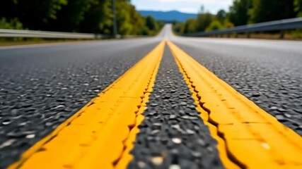 A close-up view of a wet asphalt road featuring double yellow center lines and surrounded by green trees in the distance. - Powered by Adobe