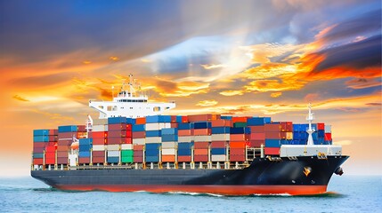 Fototapeta premium Massive cargo vessel navigating ocean waves under golden sunset, showcasing stacked containers in maritime setting.