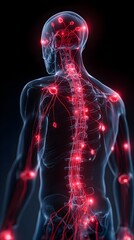 Human body with glowing red pain points on neural pathways illustrating pain or nerve stimulation, set against a dark blue 