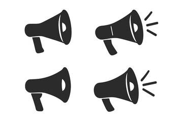 Megaphone icon set. Bullhorn silhouette for announcement and promotion. Loud speaker symbol for marketing, alert and communication. Vector loudhailer signs collection.