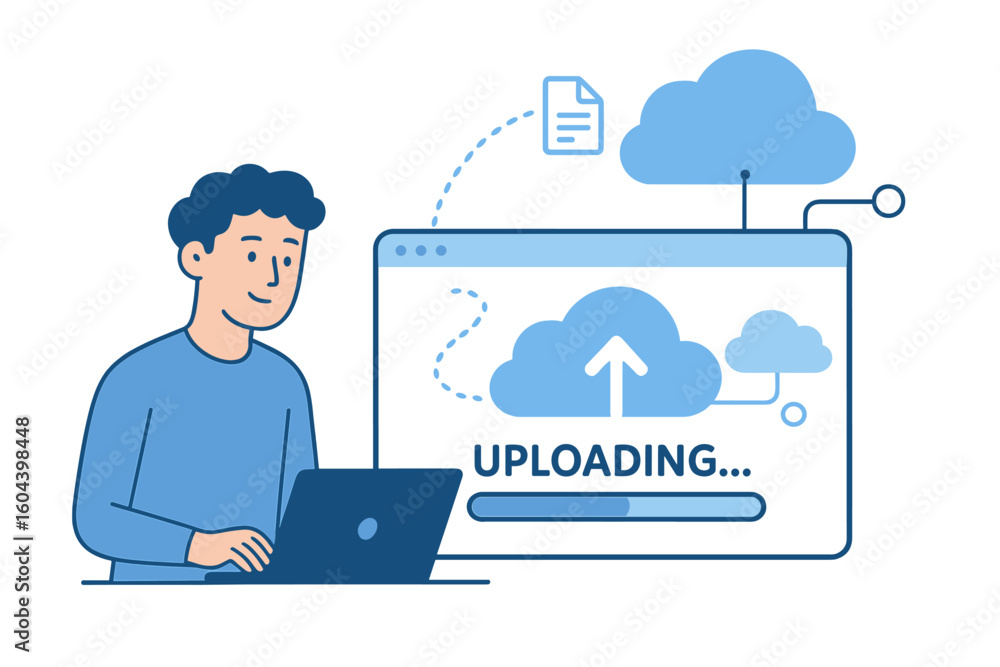 Poster cloud computing concept. man with laptop uploading files to online storage. data transfer and proces