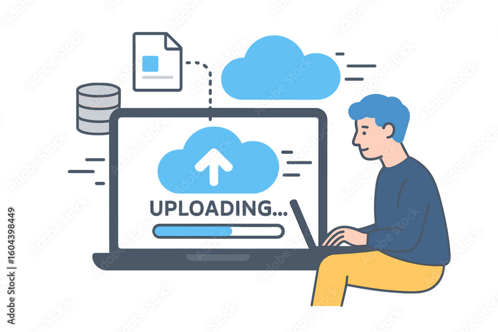 Fototapete Cloud computing concept. Man with laptop uploading file to online storage. Data processing, network service, and web hosting. Digital backup and server synchronization.