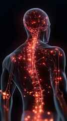 Human body with glowing red pain points on neural pathways illustrating pain or nerve stimulation, set against a dark blue 