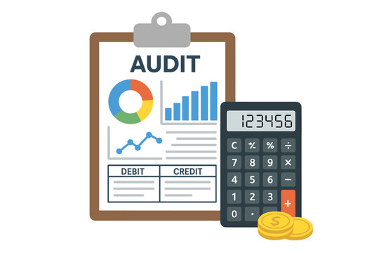 Audit Financial Report Analysis. Clipboard with Colorful Graphs and Charts, Pie Chart, Bar Chart, Line Chart, Debit and Credit Calculation Table, Accounting Audit Concept, Tax and Finance Tools