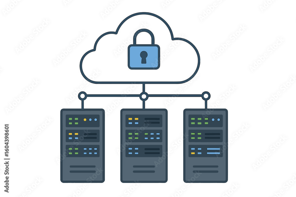 Poster data hosting servers connected to a secure cloud. cloud data storage and network technology concept.
