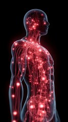Human body with glowing red pain points on neural pathways illustrating pain or nerve stimulation, set against a dark blue 