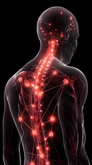 Human body with glowing red pain points on neural pathways illustrating pain or nerve stimulation, set against a dark blue 