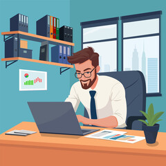 Smiling businessman in white shirt and glasses sitting in office working on laptop. Vector illustration.
