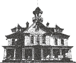 Horror retro y2k stipple design mansion halftone brutalist urban vector png with clear background, spooky 2000s photocopy grunge tattoo gen z effect