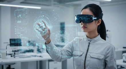 Futuristic engineering concept with a female developer in a high-tech lab using augmented reality headset to interact with holographic user interface.