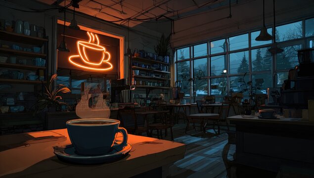Cozy coffee shop at night.  Warm orange neon sign