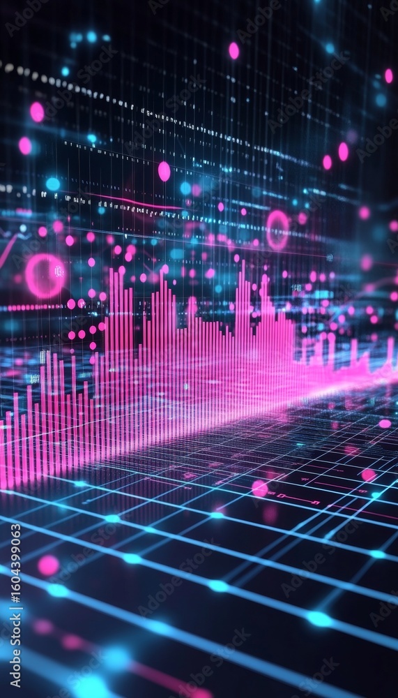 Poster futuristic visualization of financial data trends with dynamic graphs and network connections