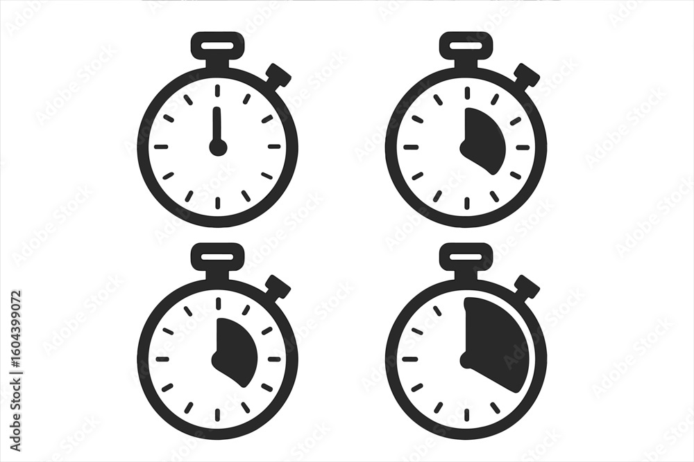 Aufkleber stopwatch timer icon set showing countdown in minutes. flat vector illustration of clock and watch f