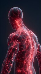Human body with glowing red pain points on neural pathways illustrating pain or nerve stimulation, set against a dark blue 