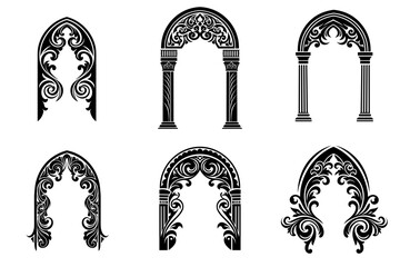 Set of elegant black and white floral ornaments featuring stylized archways for engraving, stencil, or decorative printing