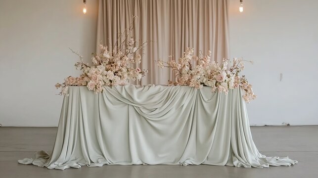 Elegant wedding table setting, draped fabric, studio backdrop, floral arrangement