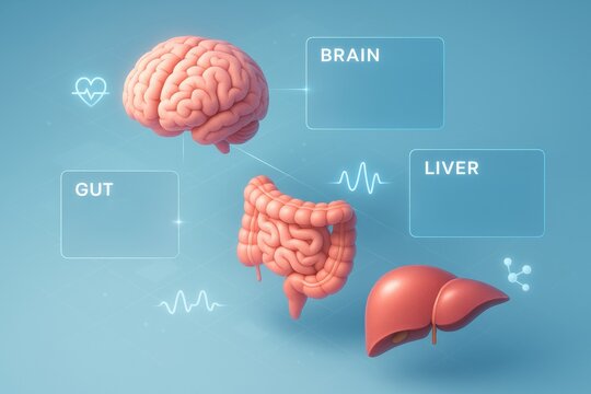 Brain, Liver, and Gut: a cutting-edge, illustrative representation of the complex interplay between the brain, gut, and liver, each integral to overall health and wellness