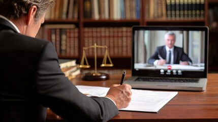 A lawyer in a study writes on documents while attending a virtual meeting with a client on a laptop.