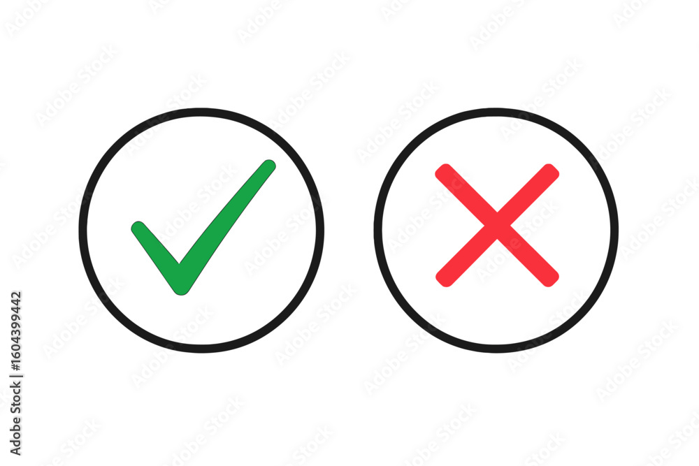 Aufkleber green tick and red cross vector icons. yes and no checkmark symbols in circles. right, wrong, approv