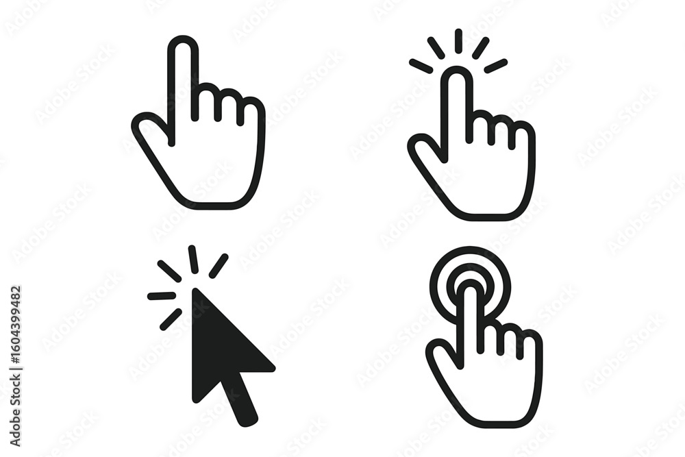 Poster hand click cursor pointer icon set. mouse arrow symbol, touch tap gesture, clicking hand, interactiv