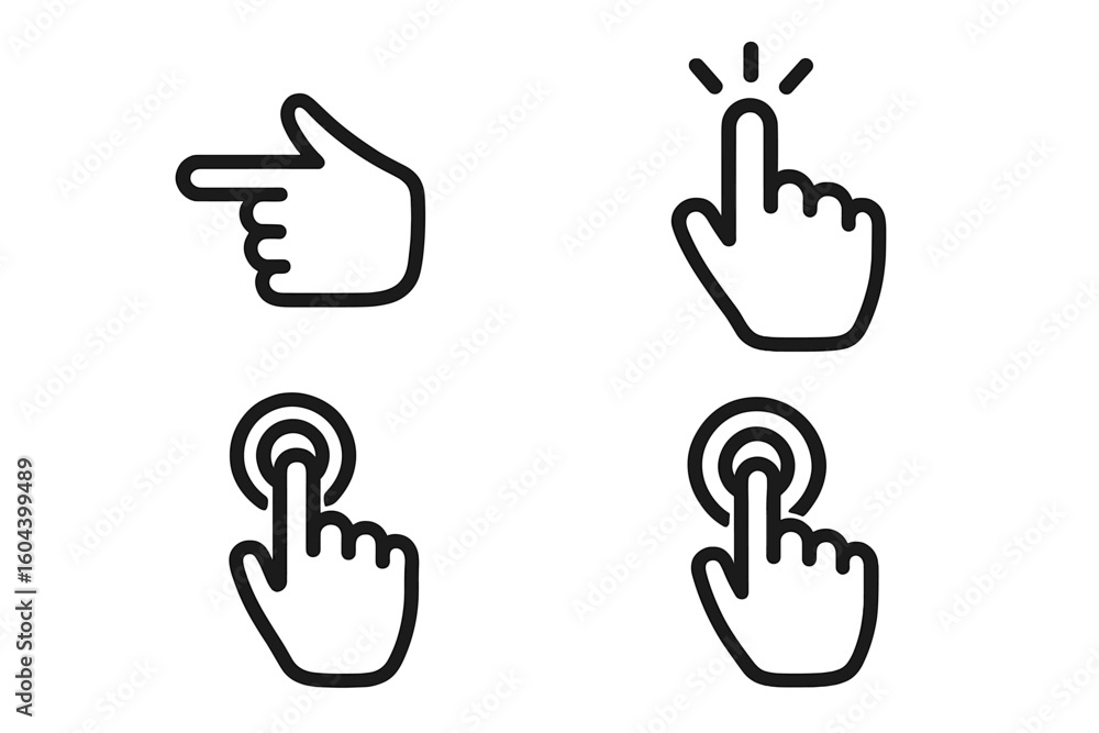 Poster Hand cursor pointer vector icon set. Finger click tap gesture. UI UX web design element. Digital touch screen symbol. Press select button. Pointing hand collection.