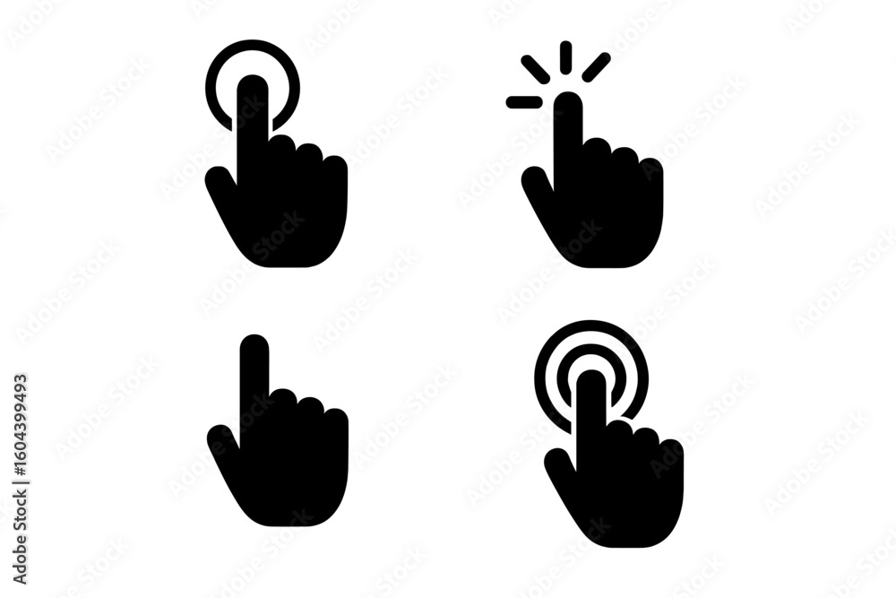 Poster hand click vector icons set. website computer interface button collection. pointer, clicking finger,