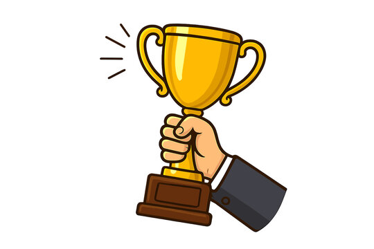 Hand holding golden trophy. Winner's cup as a symbol of success, victory, and championship. Business goals achievement and leadership idea. Sports prize vector illustration.