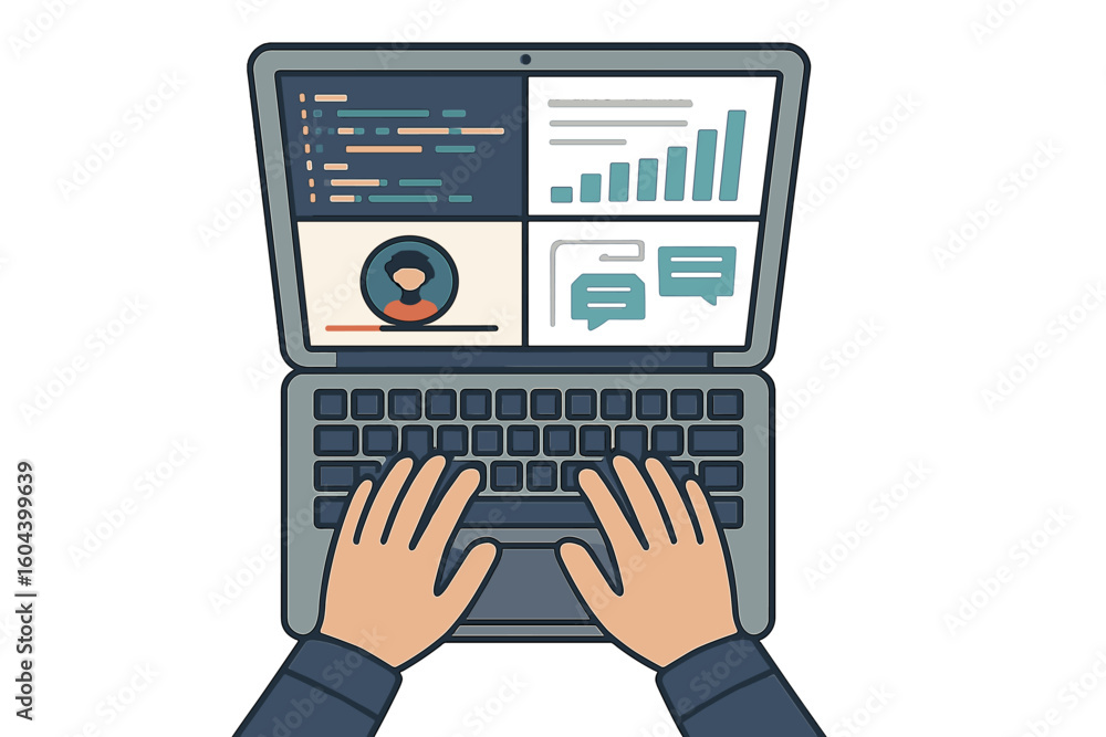 Poster top view illustration of hands typing on laptop keyboard, modern workspace with data analytics, codi