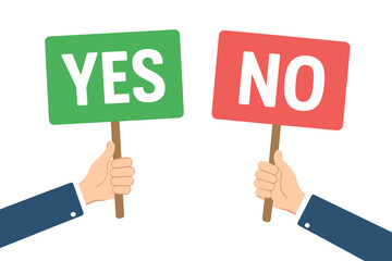 Hands hold Yes and No signs. Concept for choice, decision, vote, survey. Businessmen with green and red placards. Agreement or disagreement, true or false, positive or negative.
