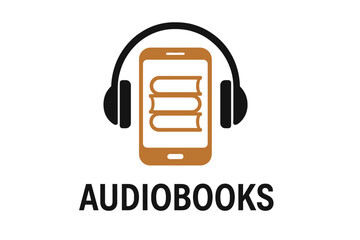 Fototapeta premium Audiobook icon with headphones and smartphone. Concept for online education, e-learning, digital library, podcast, and audio courses. Vector logo for listening to books.
