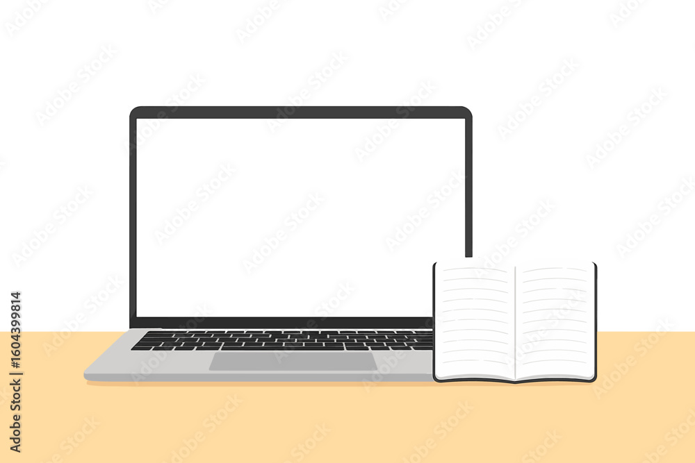 Poster laptop and notebook vector mockup. front view computer with blank white screen for copy space. conce