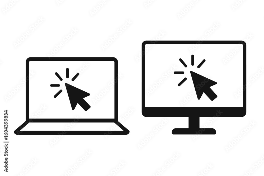 Poster Laptop and computer monitor icon with a clicking cursor. Pointer on device screen symbol for a website button or internet link. Click here concept for web design or user interface.