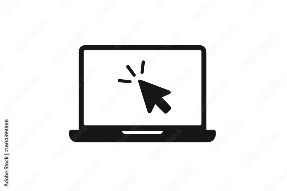 Poster Laptop click icon. Computer with mouse cursor pointer. Web symbol. Online concept. Internet technology. E-commerce sign. Website click here button. Digital screen display vector.