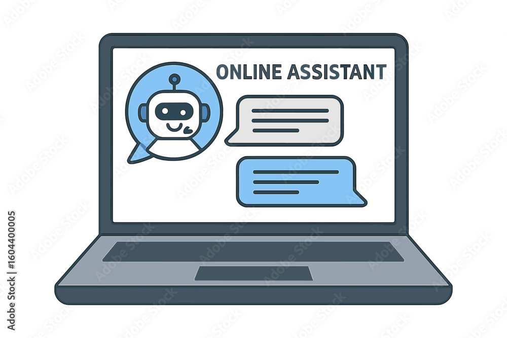 Poster online assistant chatbot concept. ai robot on laptop screen. customer service technology. virtual su