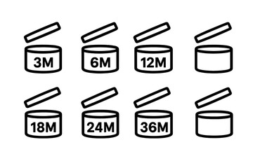 PAO symbol vector icon set. Period After Opening sign for cosmetic packaging. 3, 6, 12, 18, 24, 36 months shelf life. Expiration date label. Open jar symbol info.