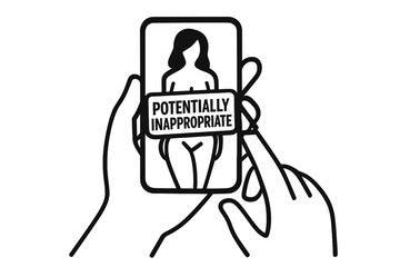 Potentially inappropriate content warning on smartphone. Concept of censorship, online safety, parental controls for explicit adult material. Sensitive content icon vector.