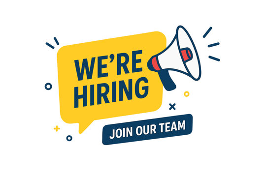 We're hiring announcement with a megaphone. Join our team vector banner for a job vacancy. Loudspeaker for recruitment advertising. Work opportunity and help wanted sign design. - Powered by Adobe