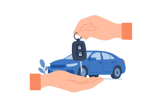 Car key exchange between two hands. Concept of buying, selling, or renting an automobile. Dealership transaction, carsharing service, or vehicle ownership transfer vector.
